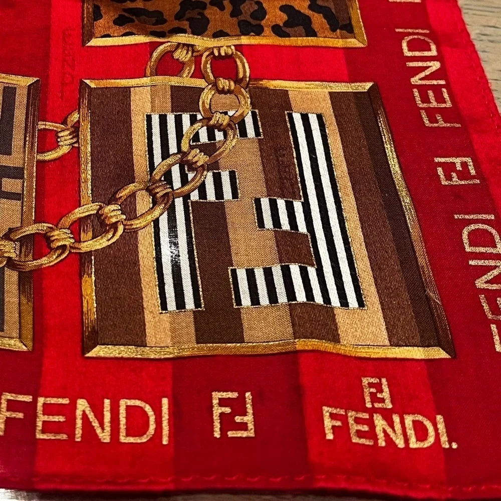 Vintage Fendi Red Silk Scarf – Chain & FF Logo Patch Print, 1980s-1990 EUC Italy